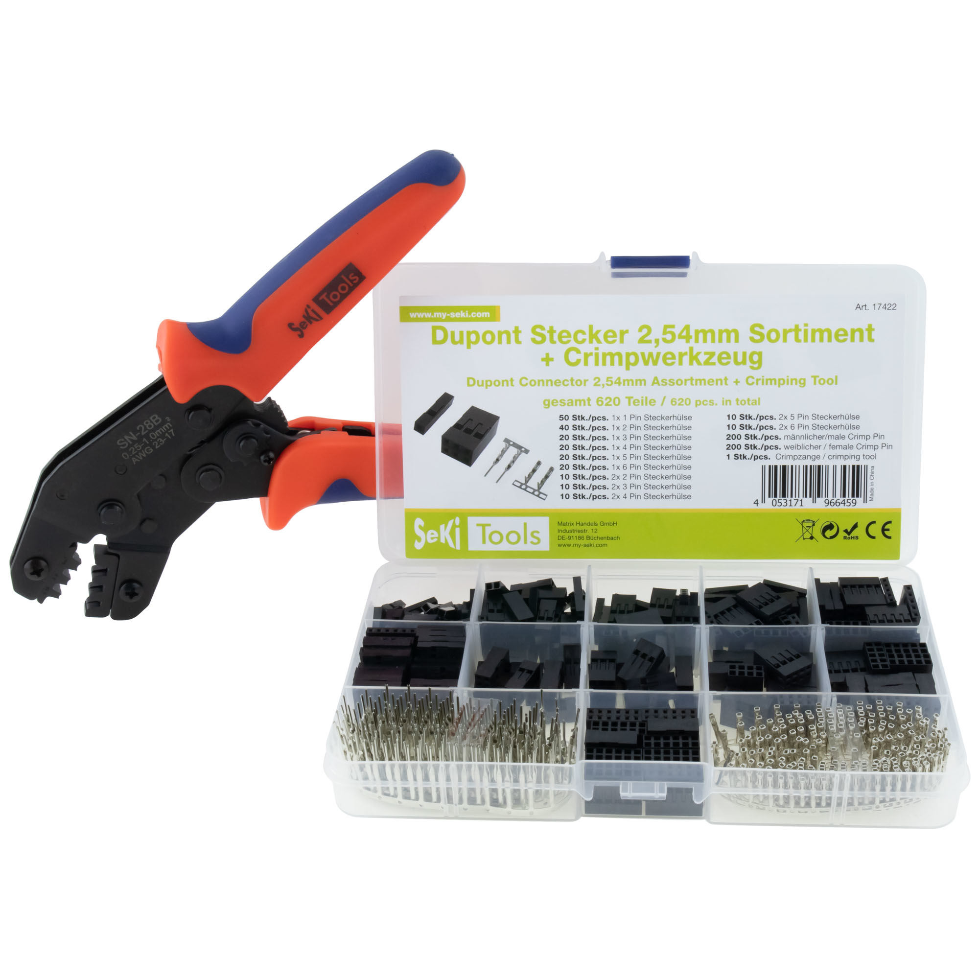 17422 Caixa com 620pçs - ligadores Dupont 2.54mm + terminais macho e femea + alicate