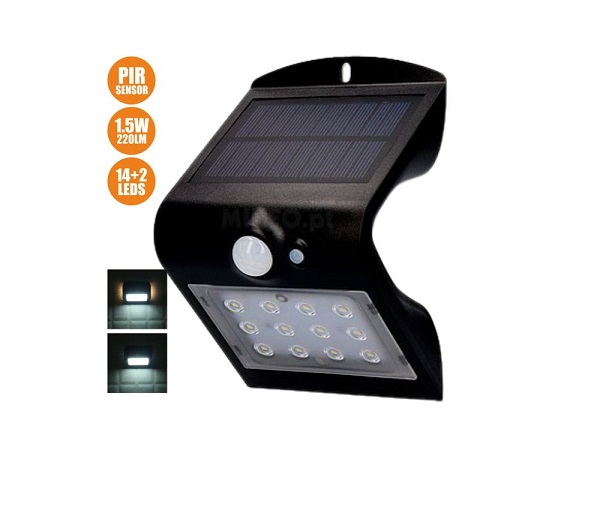 31840 Aplique solar a LEDs 1.5w 220lm IP65 c/ sensor movimentos c/ bateria