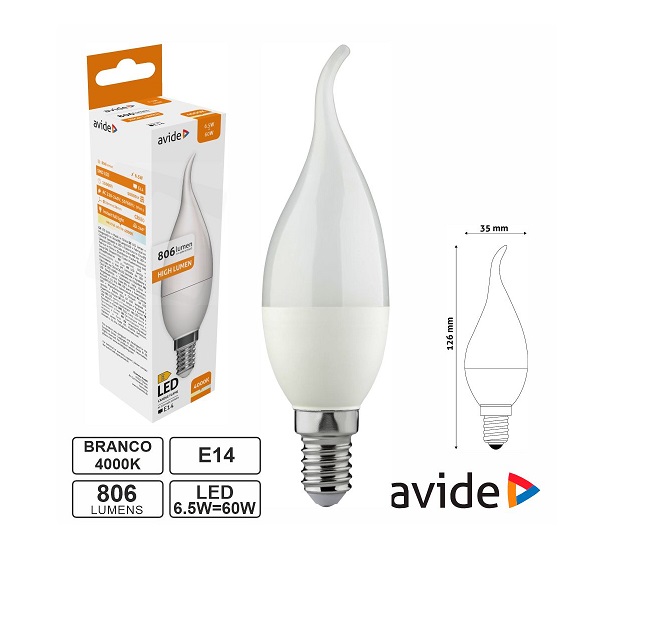 ABC14NW-6.5W-FL Lâmpada LED E14 vela 6.5W 230V 4000K 806LM AVIDE
