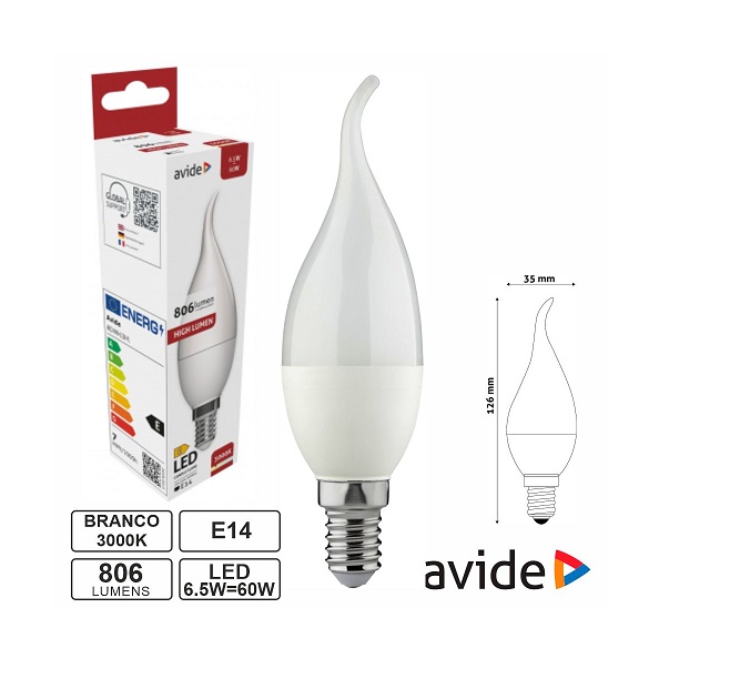 ABC14WW-6.5W-FL Lâmpada LED E14 vela 6.5W 230V 3000K 806LM AVIDE