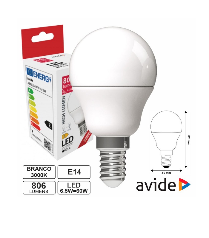 ABMG14WW-6.5W Lampada LED E14 Glogo G45 6.5W 230V 3000K 806LM AVIDE