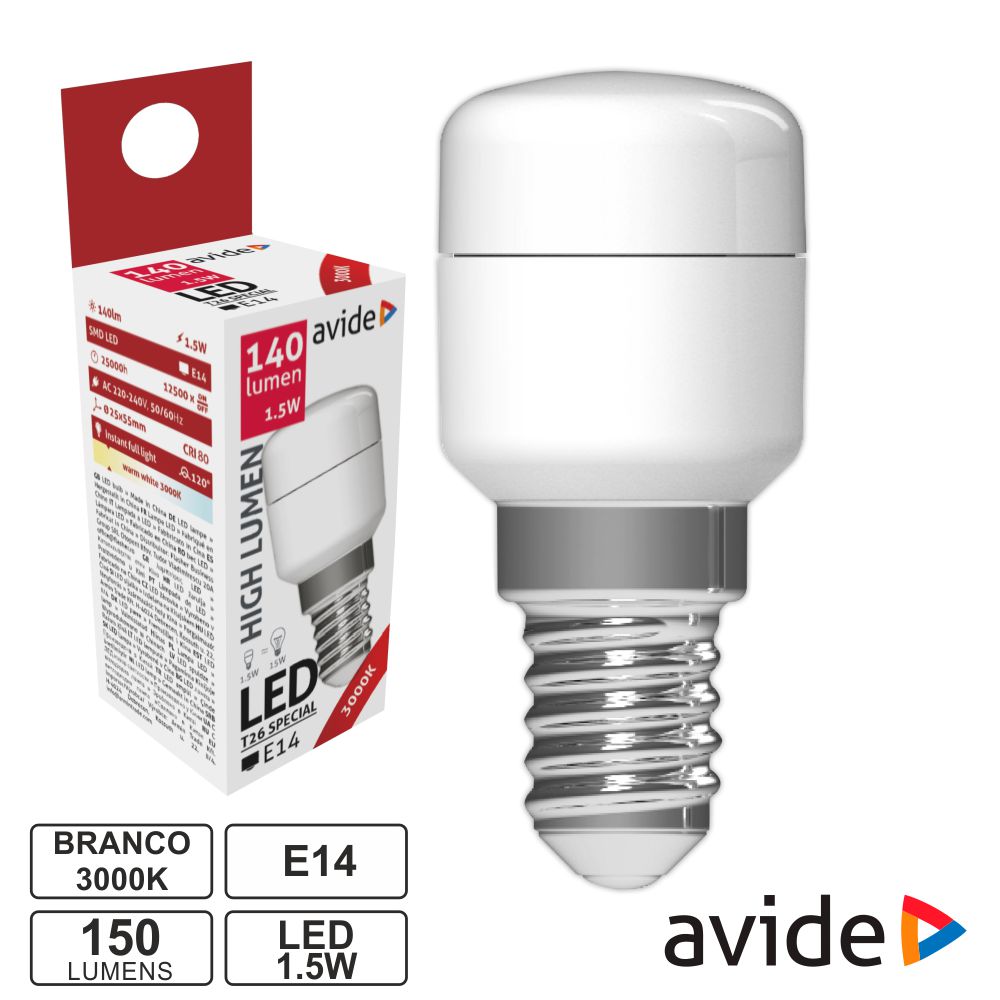 ABT26WW-1.5W LÂMPADA LED E14 STICK T26 1.5W 230V 3000K 150LM AVIDE