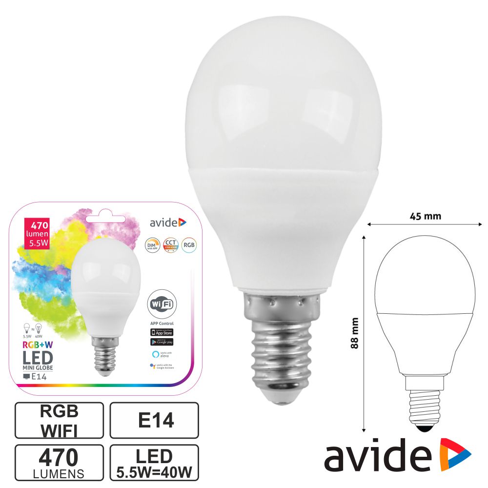 ASMG14RGBW5.5W-WIFI LÂMPADA E14 DIMÁVEL 5.5W LED MINIGLOBO RGBW WIFI 470LM