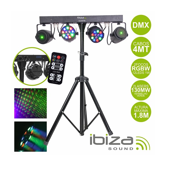 DJLIGHT65 Suporte C/ 2 Projetores Par 12 Leds Rgbw + 2 Laser Dmx Ibiza