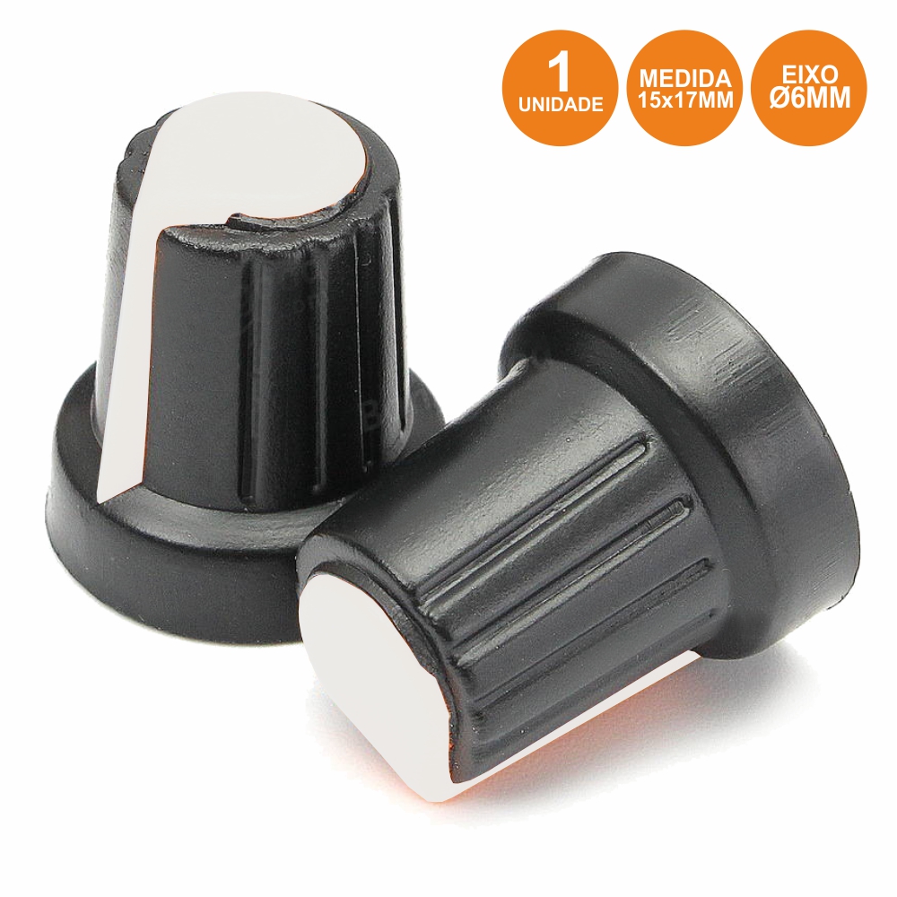 KNOB069 Botão P/ Potenciómetro Preto C/ Linha branca 15x17mm