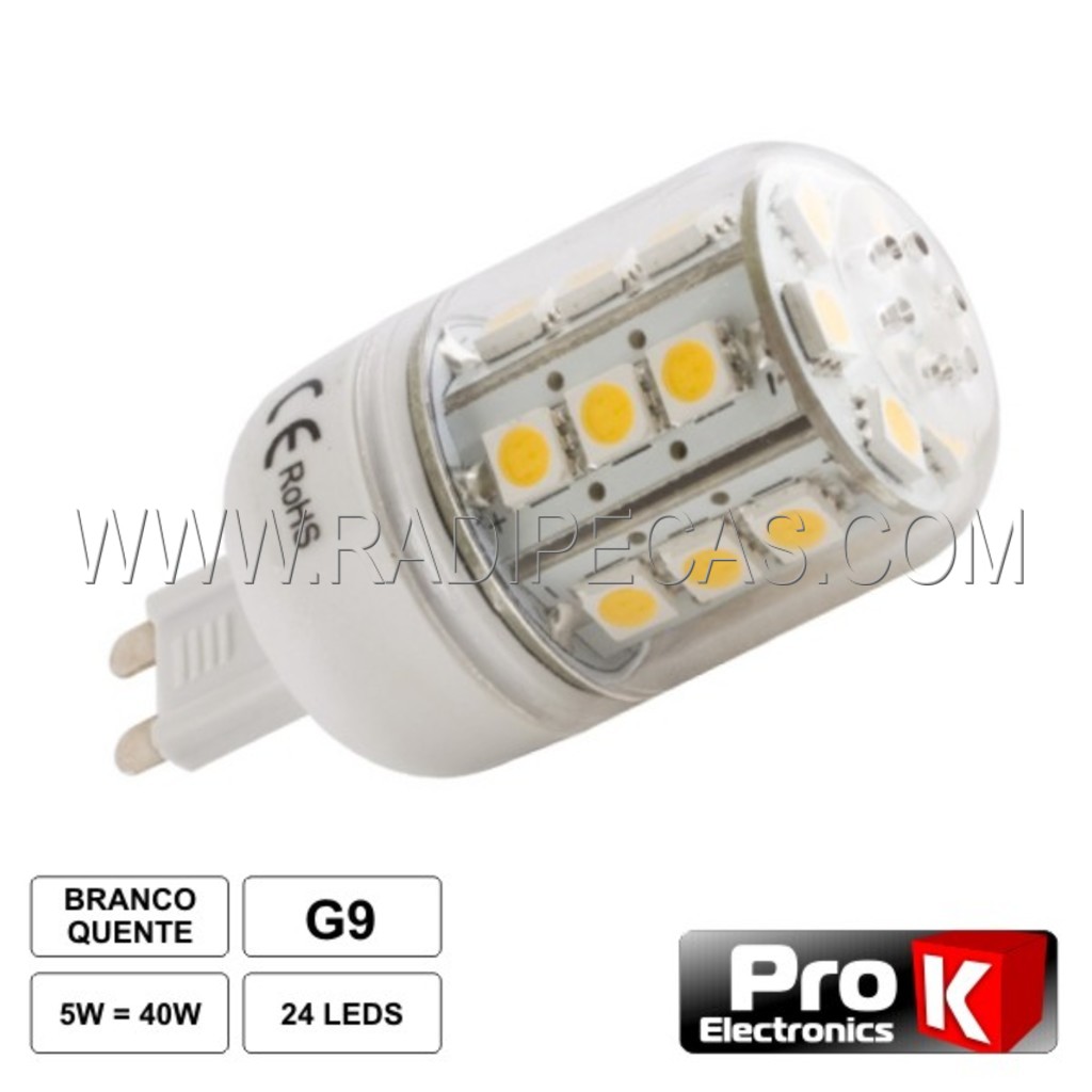 LLEDG9WW LÂMPADA G9 5W 12V 24 LEDS SMD 5050 BRANCO QUENTE