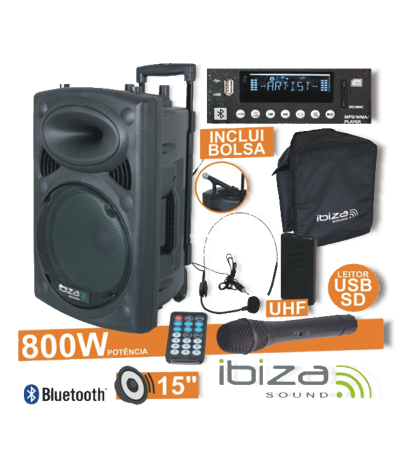 PORT15UHF-BT Coluna amplificada 15p. 800w usb/bt/sd/ bat + micro uhf