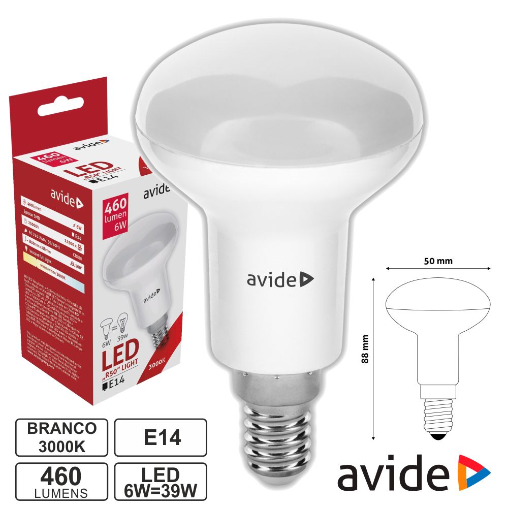 ABR50WW-6W Lâmpada LED E14 R50 6W 230V 3000K 460lm