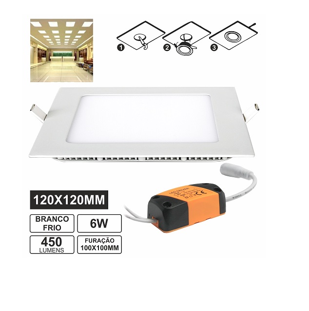 LLPQ12006CW[R] Painel LEDs Quadrado 6W 120mm Branco Frio 450lm PROK