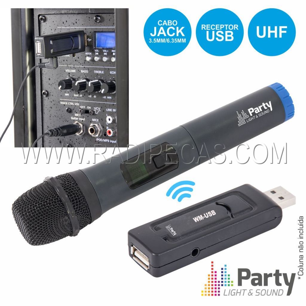 WM-USB Microfone UHF, sem fios, c/ receptor alim.por USB