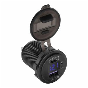 CHR0006 Tomada dupla USB-A / USB-C de embutir c/ voltímetro QC3.0