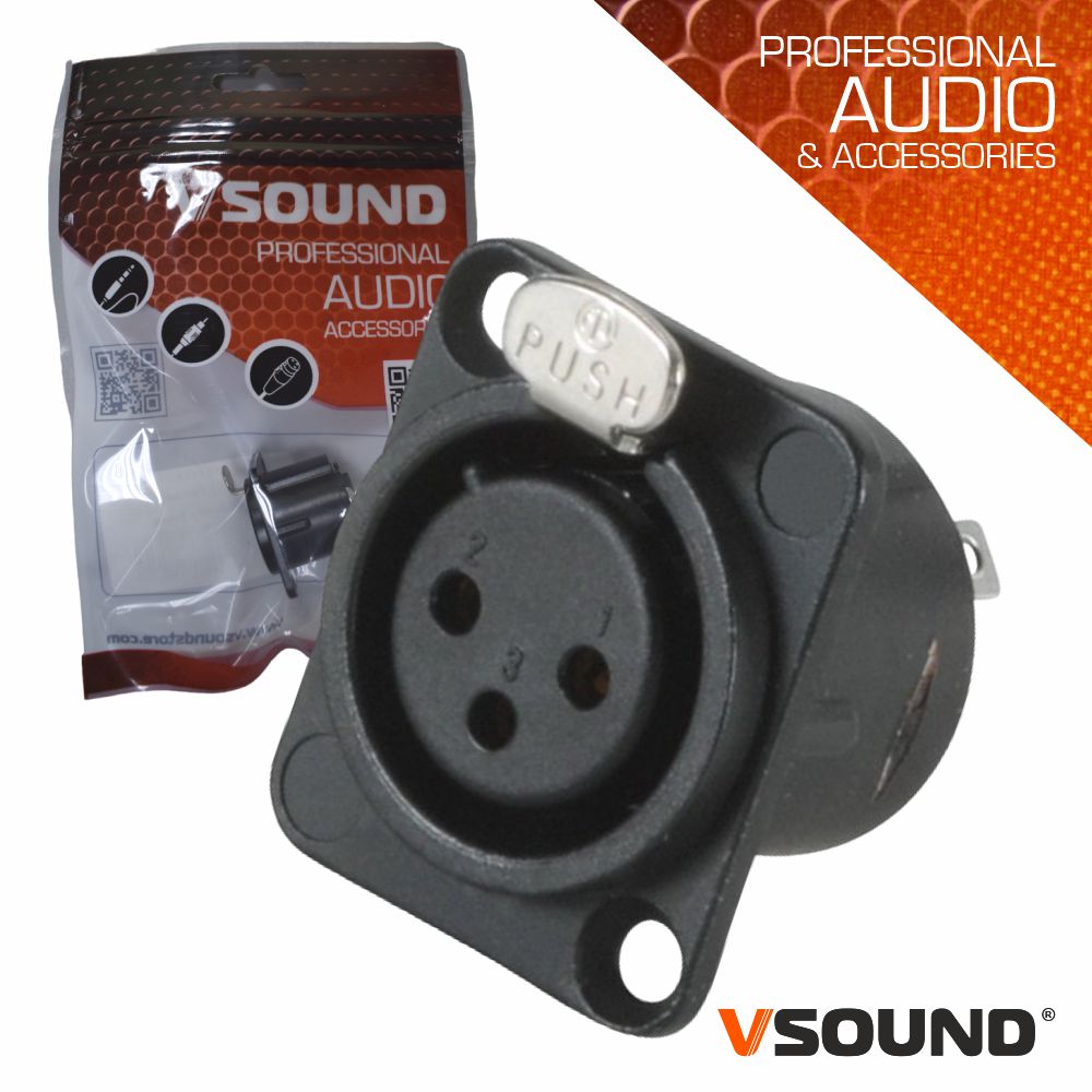 FPS110A Ficha XLR 3p Fêmea de Painel Niquelada Preta VSOUND