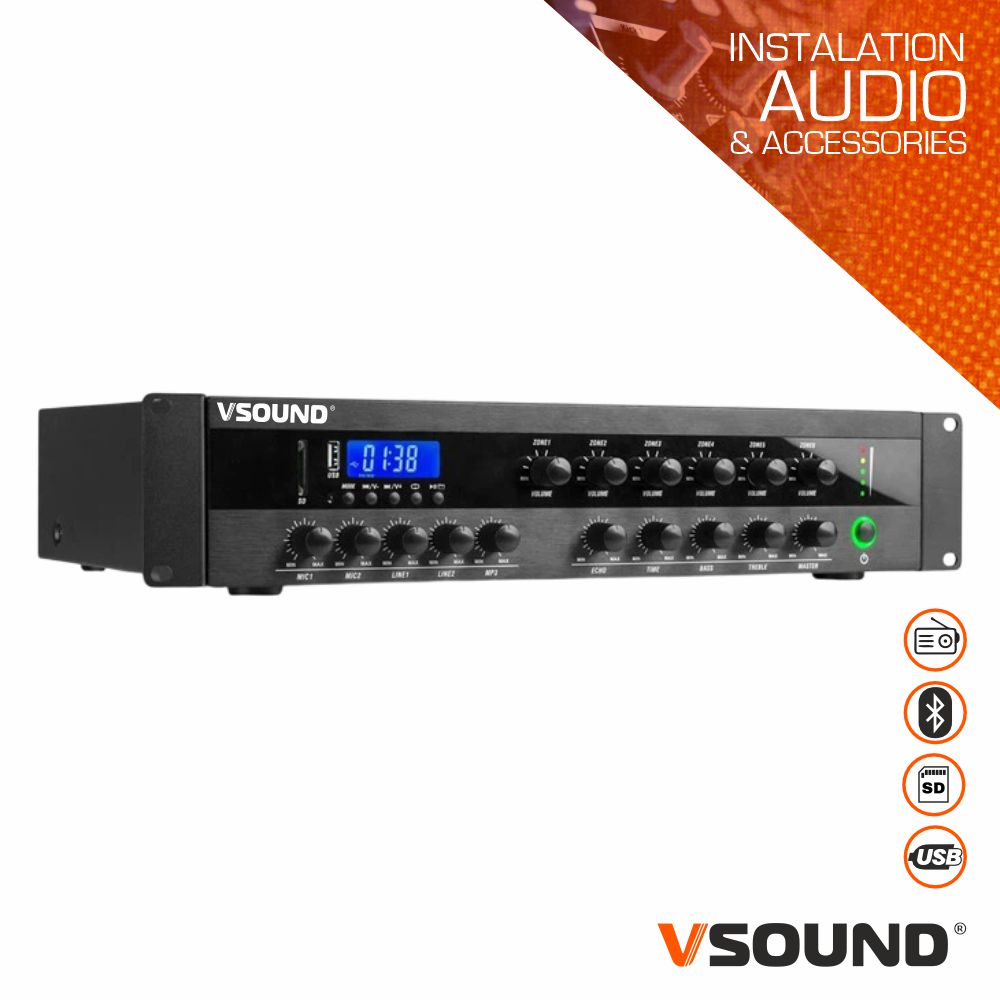 Amplificador PA 220V 1200W 100V 6 Zonas BT/USB/SD/FM VSOUND