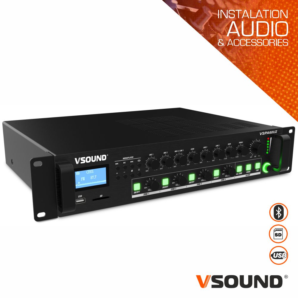 Amplificador PA 12/230V 3 Entradas 60W Mp3/USB/SD/BT
