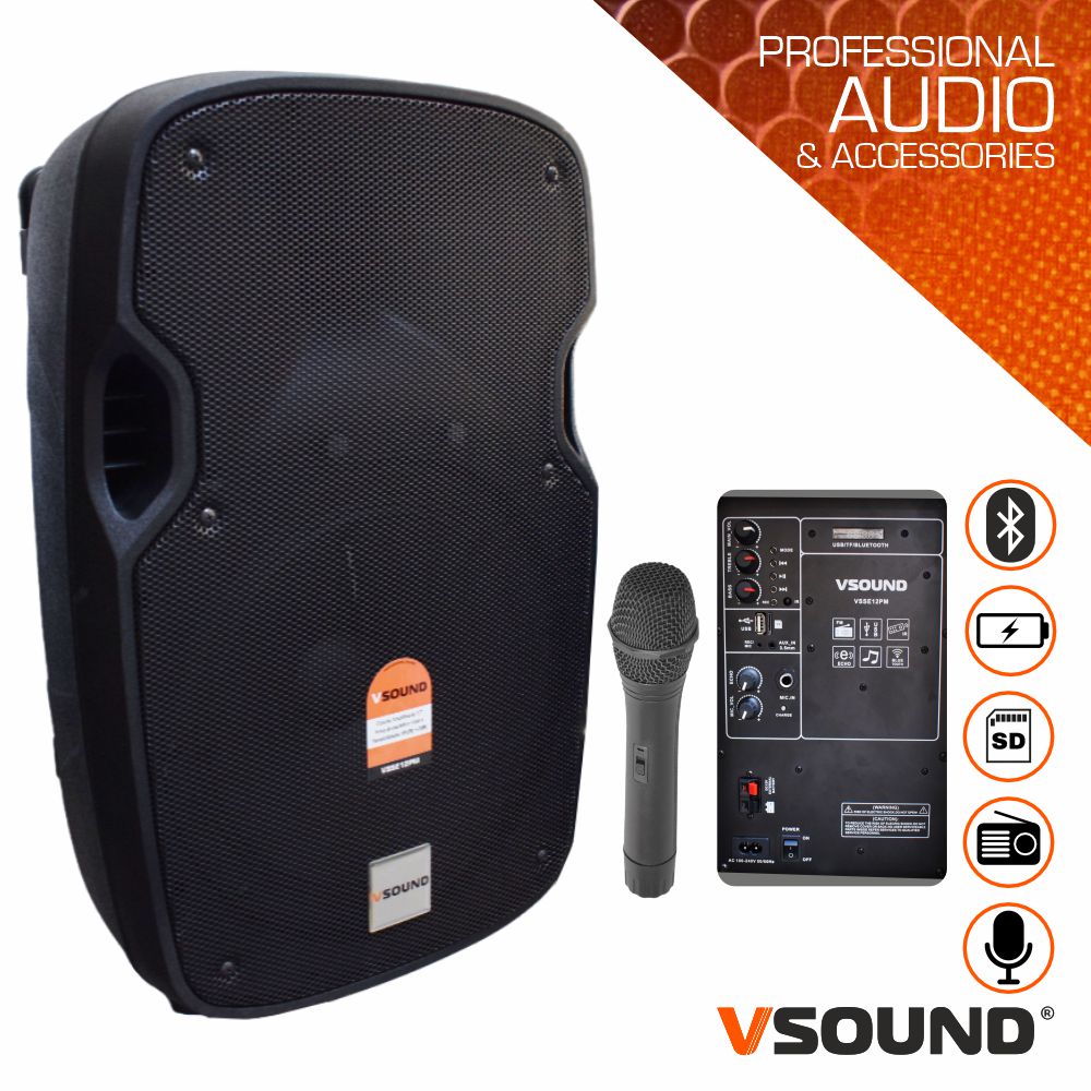 VSSE12PM Coluna Amplificada 12″ USB/BT/SD/BAT MIC S/FIOS VSOUND