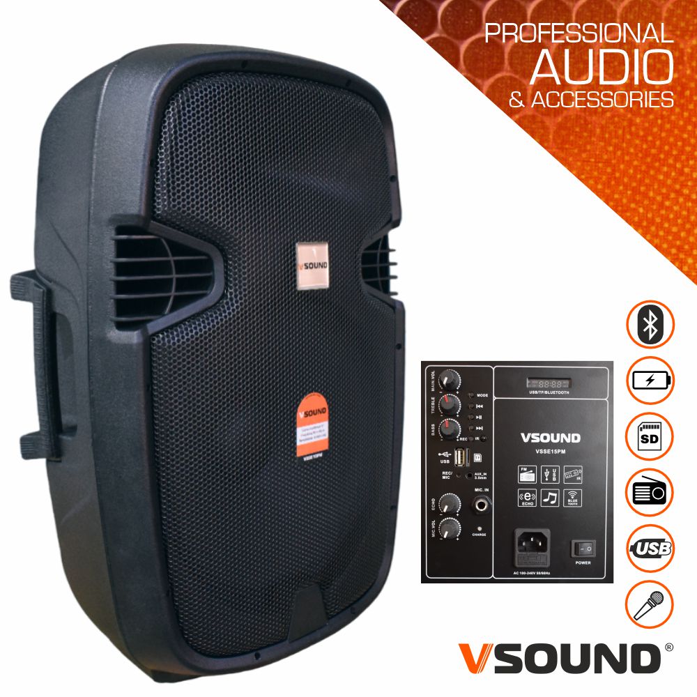 VSSE15PM Coluna amplificada 15pol. USB/BT/SD/FM/BAT MIC s/ fios - VSOUND -