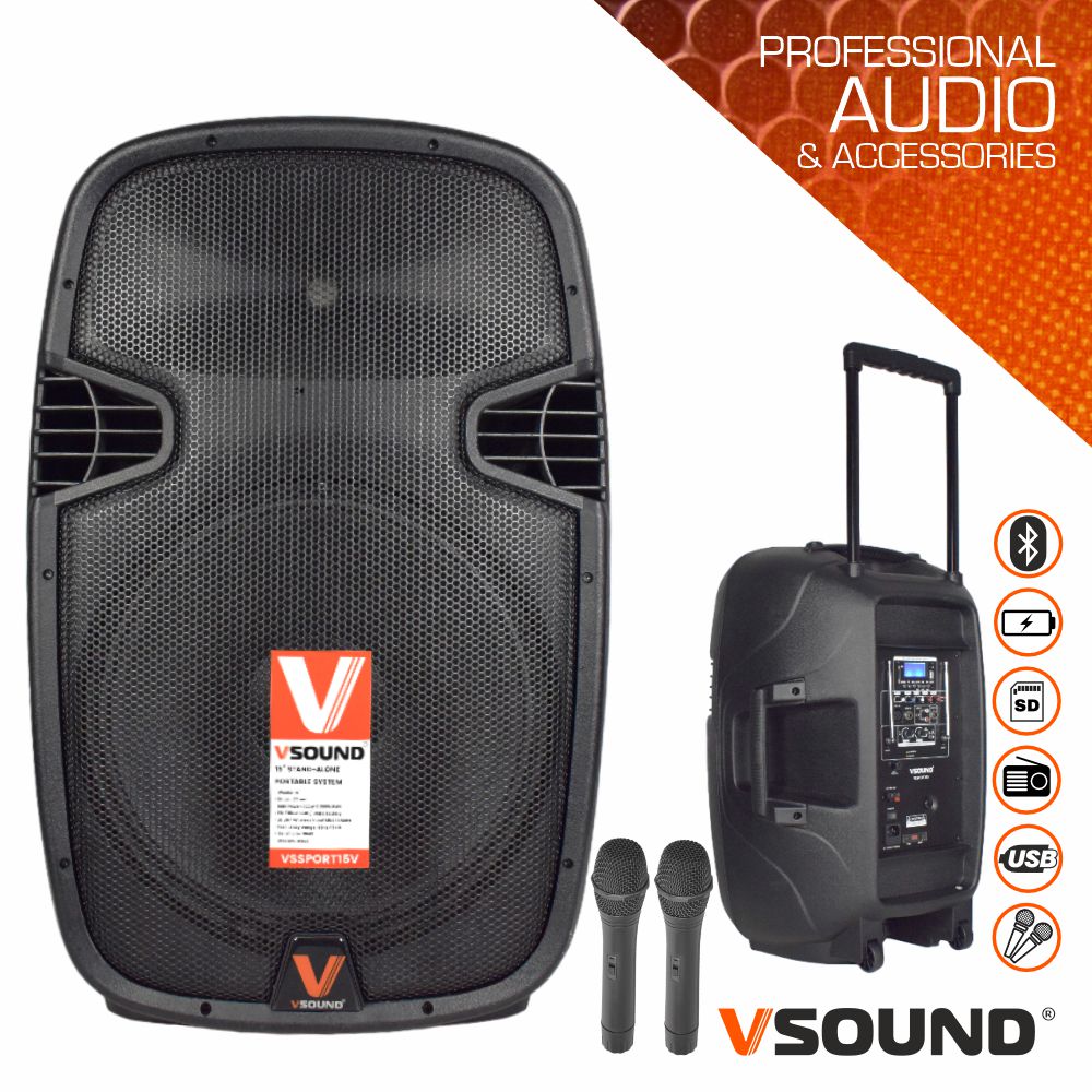 VSSPORT15V Coluna amplificada 15 polegadas 700W USB/BT/SD/BAT c/ 2 micros UHF VSOUND