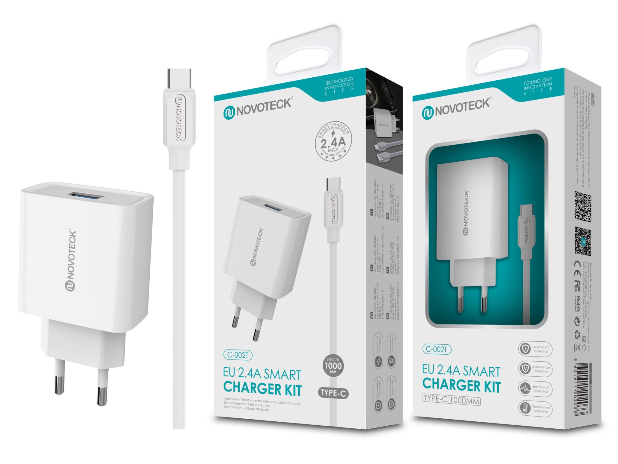 Carregador com Cabo Type-C Branco 2.4A 1 USB NOVOTECK C-002T