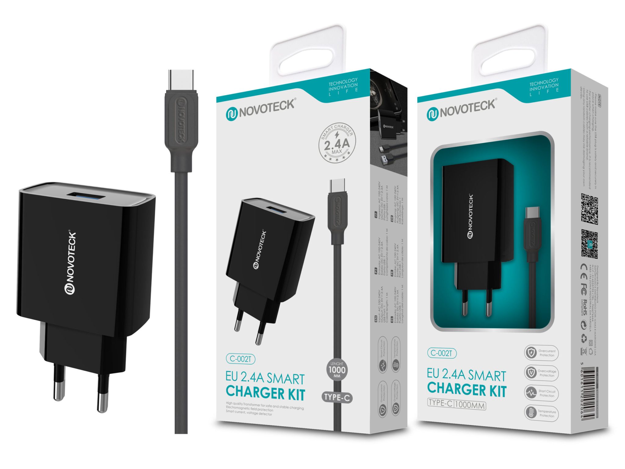Carregador com Cabo Type-C Negro 2.4A 1 USB NOVOTECK C-002T