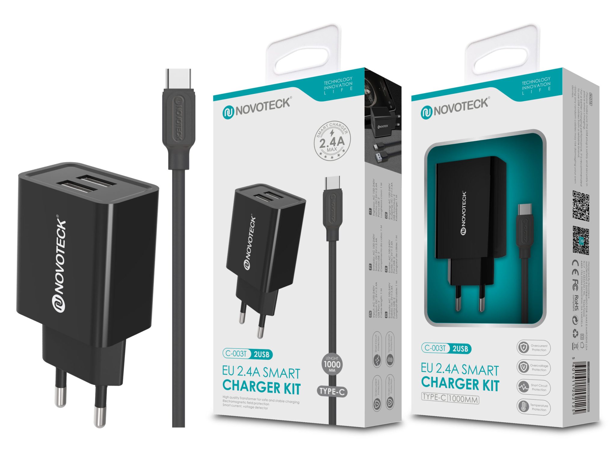 Carregador com Cabo Type-C Negro 2.4A 2 USB NOVOTECK C-003T