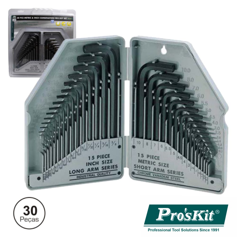 CONJUNTO DE 30 CHAVES HEXAGONAIS SAE/M PROSKIT
