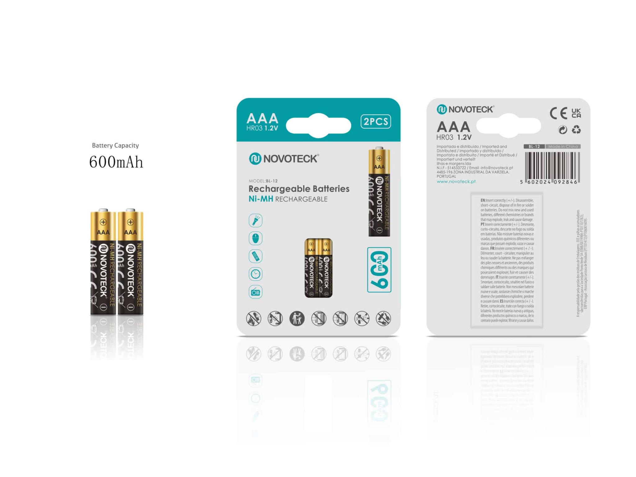 Pilhas Recarregáveis AAA HR03 Ni-MH NOVOTECK 600mAh – Pack com 2 Unidades BL-12