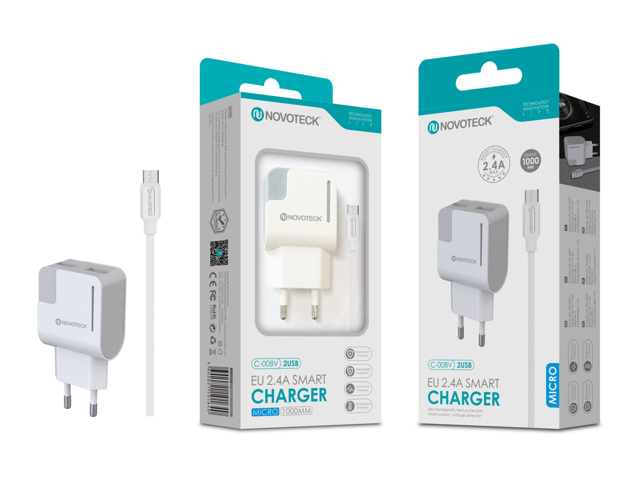 Carregador com Cabo Micro Branco 2.4A 2 USB Full Compatible C-008V