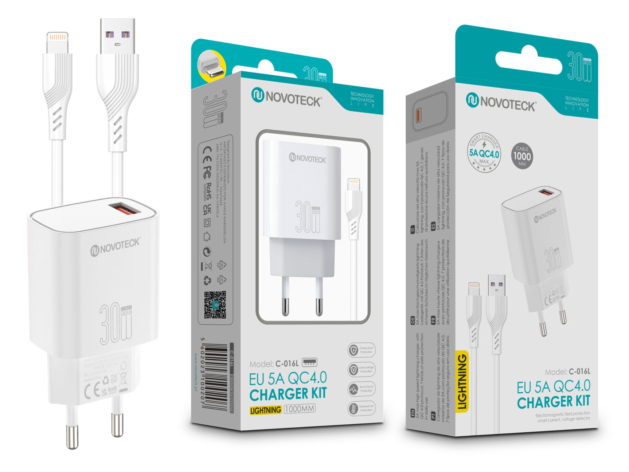 Kit Carregador Rápido NOVOTECK C-016L QC4.0 30W - Com Cabo Lightning, Carregamento Rápido e Seguro Branco