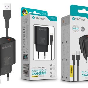 Kit Carregador Rápido NOVOTECK C-016L QC4.0 30W - Com Cabo Lightning, Carregamento Rápido e Seguro Negro