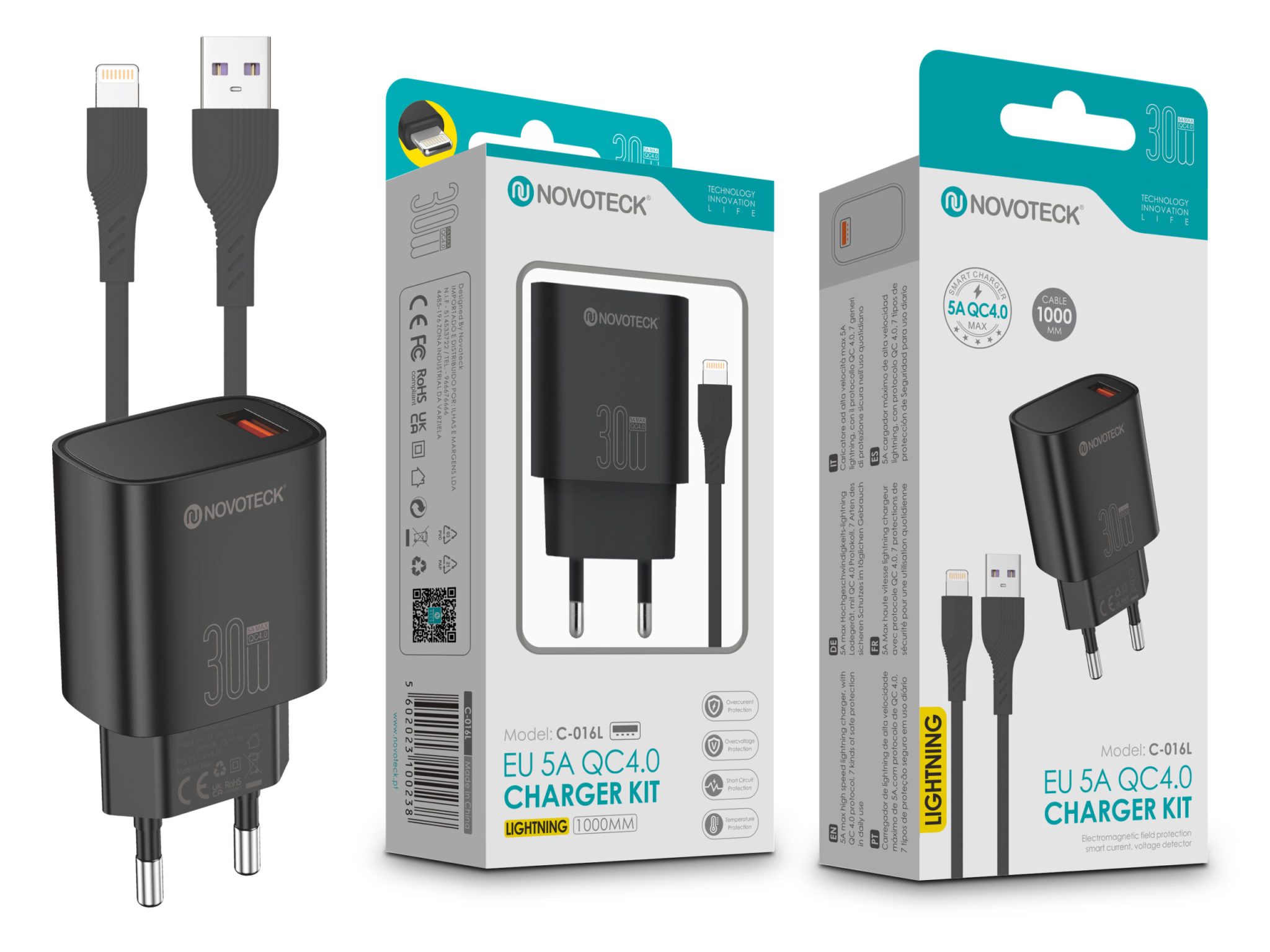 Kit Carregador Rápido NOVOTECK C-016L QC4.0 30W - Com Cabo Lightning, Carregamento Rápido e Seguro Negro