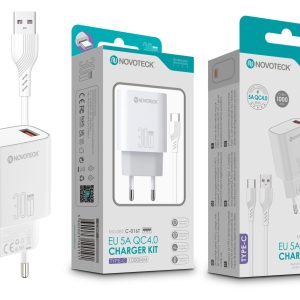 Kit Carregador Rápido NOVOTECK C-016T QC4.0 30W - Inclui Cabo Type-C, Carregamento Ultra-Eficiente Branco