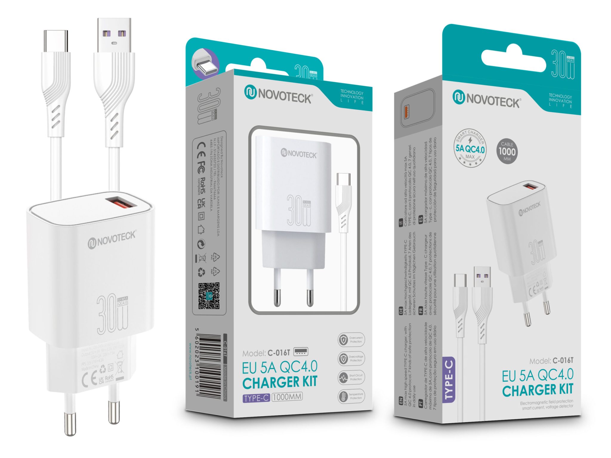 Kit Carregador Rápido NOVOTECK C-016T QC4.0 30W - Inclui Cabo Type-C, Carregamento Ultra-Eficiente Branco