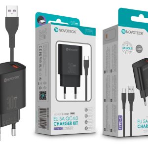 Kit Carregador Rápido NOVOTECK C-016T QC4.0 30W - Inclui Cabo Type-C, Carregamento Ultra-Eficiente Negro