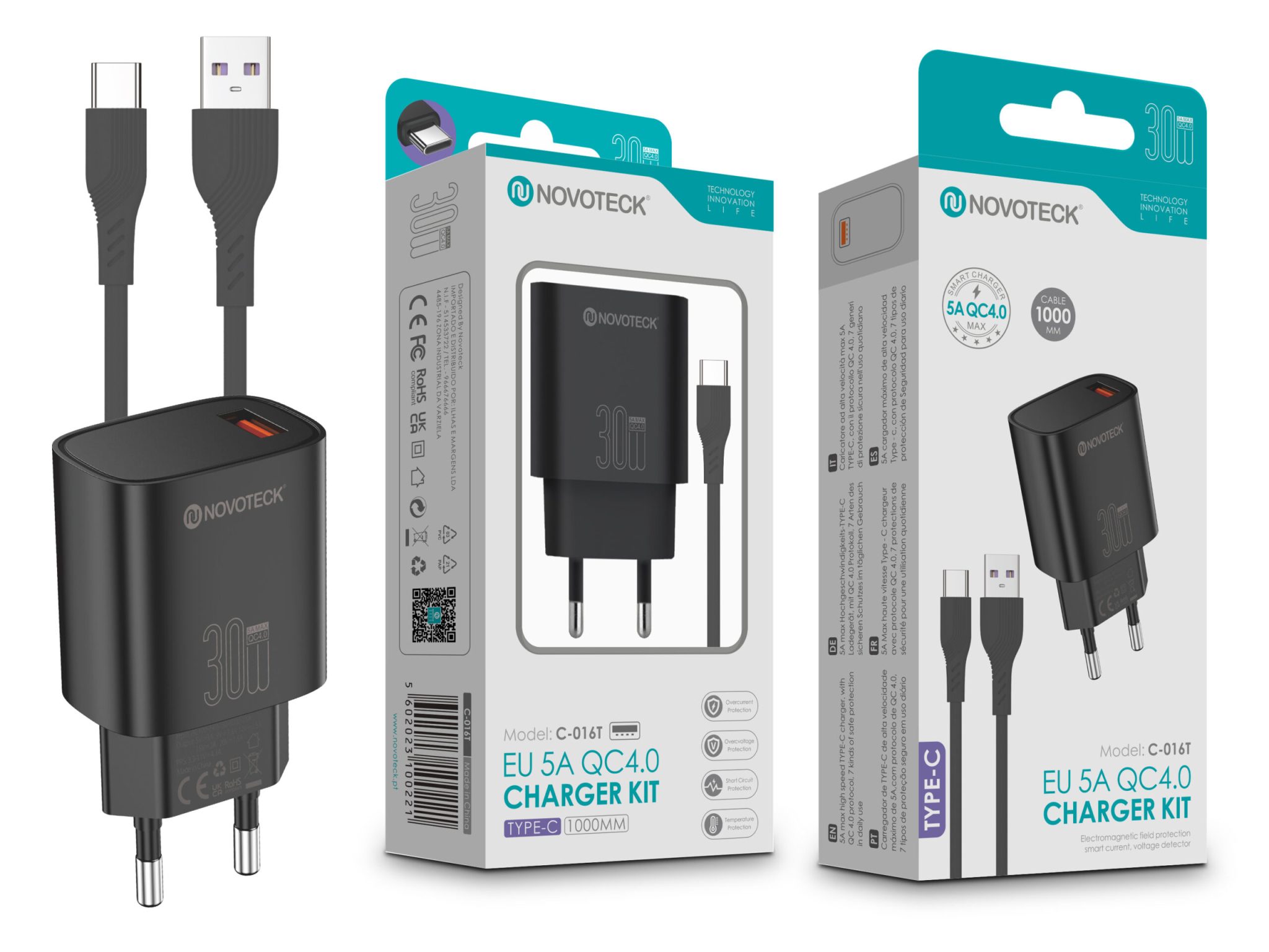 Kit Carregador Rápido NOVOTECK C-016T QC4.0 30W - Inclui Cabo Type-C, Carregamento Ultra-Eficiente Negro