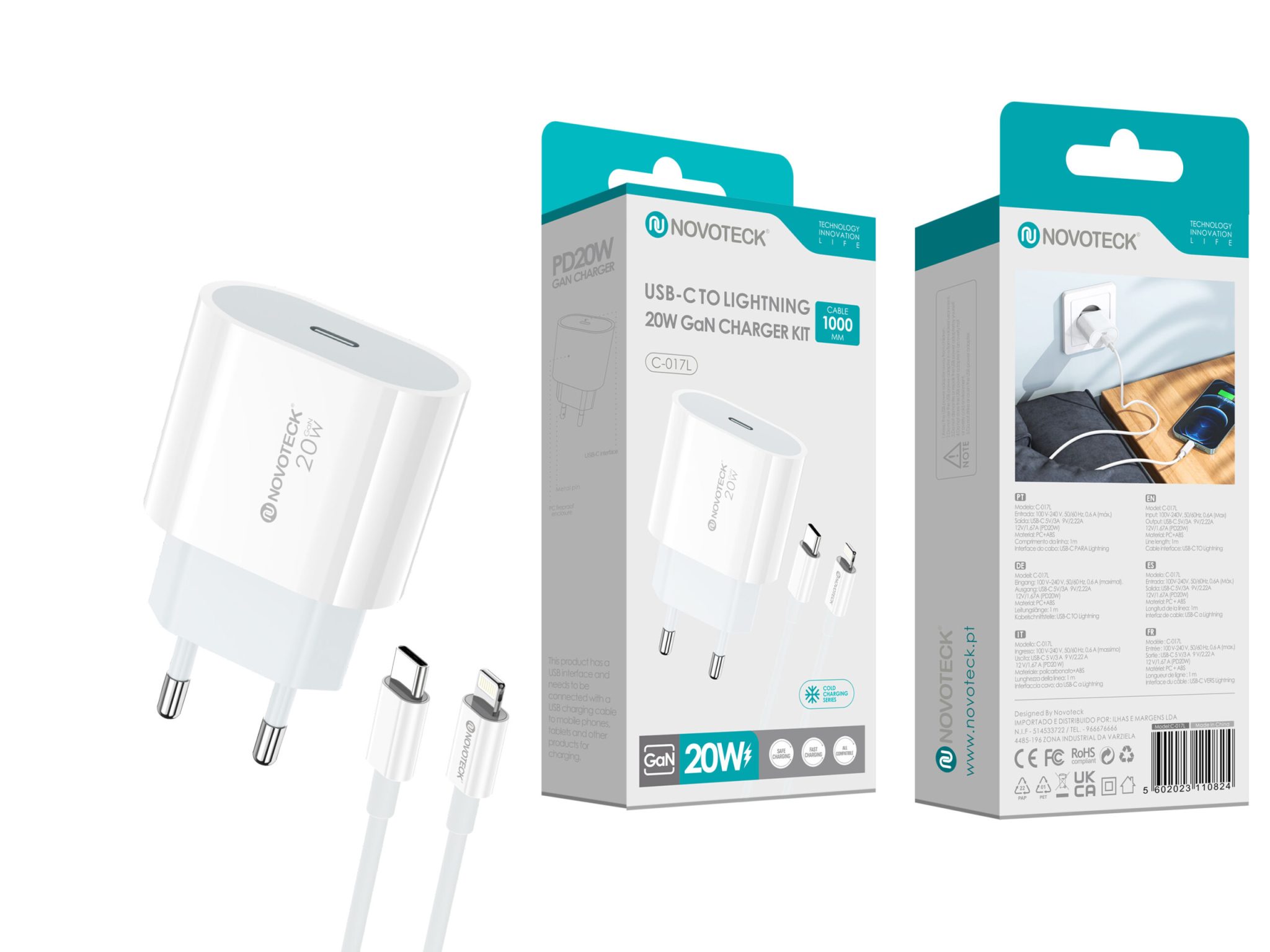 Carregador GaN USB-C PD 20W Cabo Usb-C to Lightning NOVOTECK C-017L