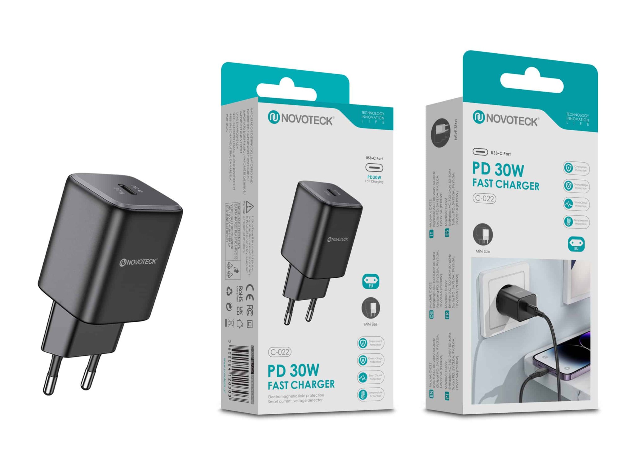Carregador Rápido USB-C Negro C-022 – 30W PD, Compacto, Compatível com Smartphones e Laptops