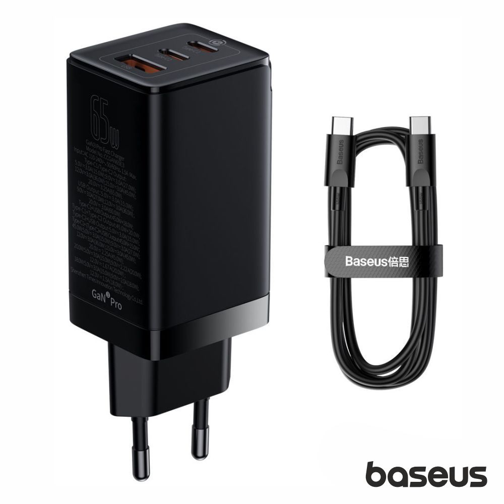 Alimentador Comutado GaN3 PRO USB-A/2xUSB-C PD 65W BASEUS