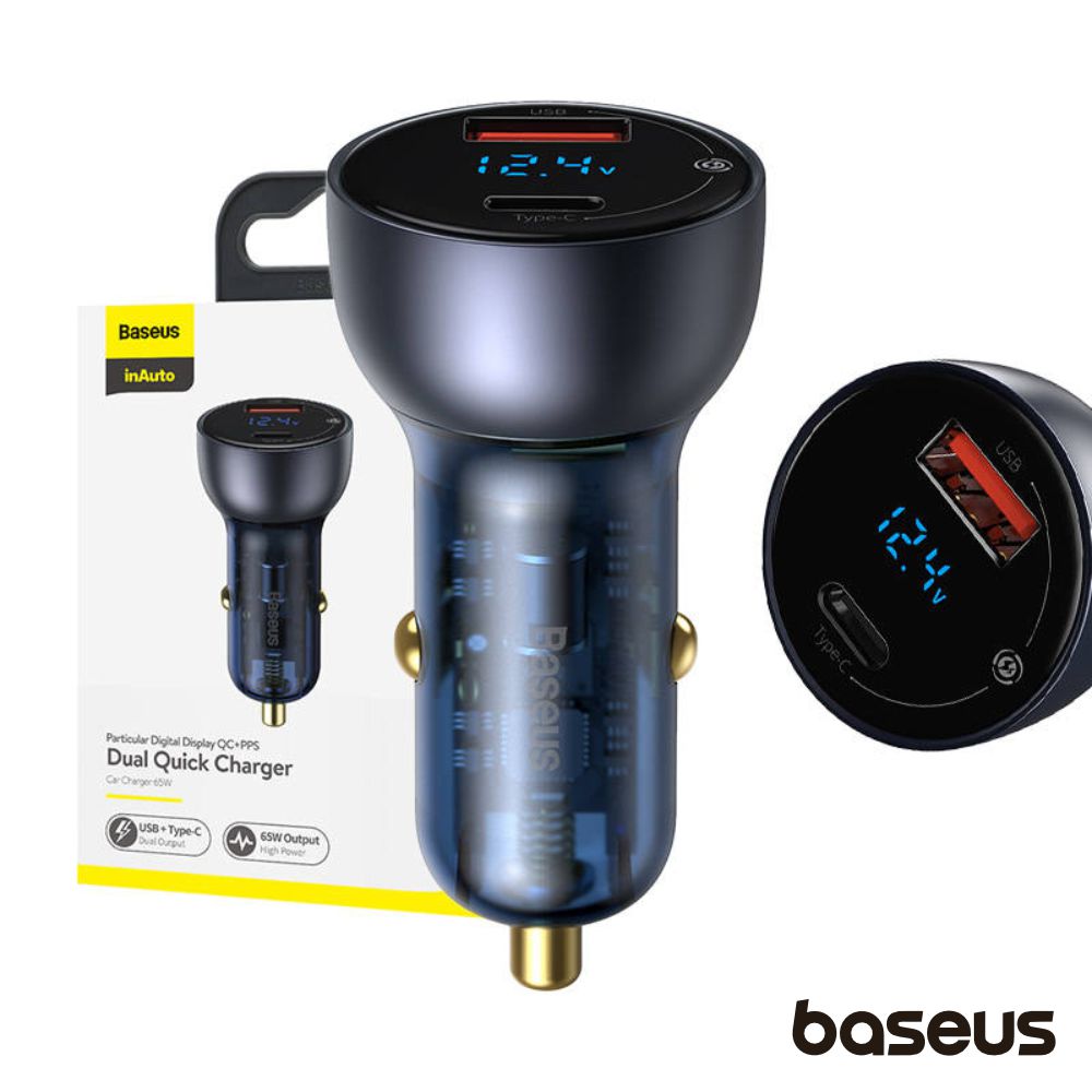 Adaptador Isqueiro C/ Display PPS USB-A/USB-C QC 65W BASEUS