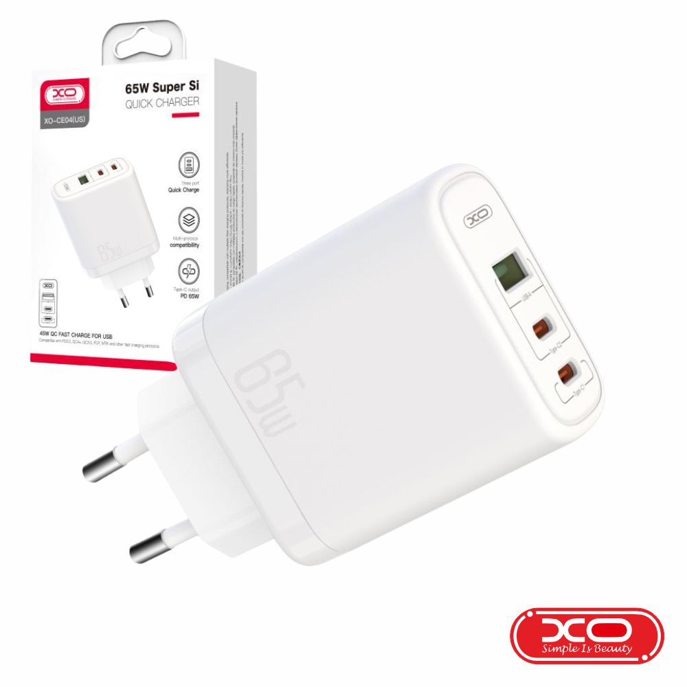 Alimentador USB-A 45W 3A / 2 USB-C PD 65W 3A Branco XO