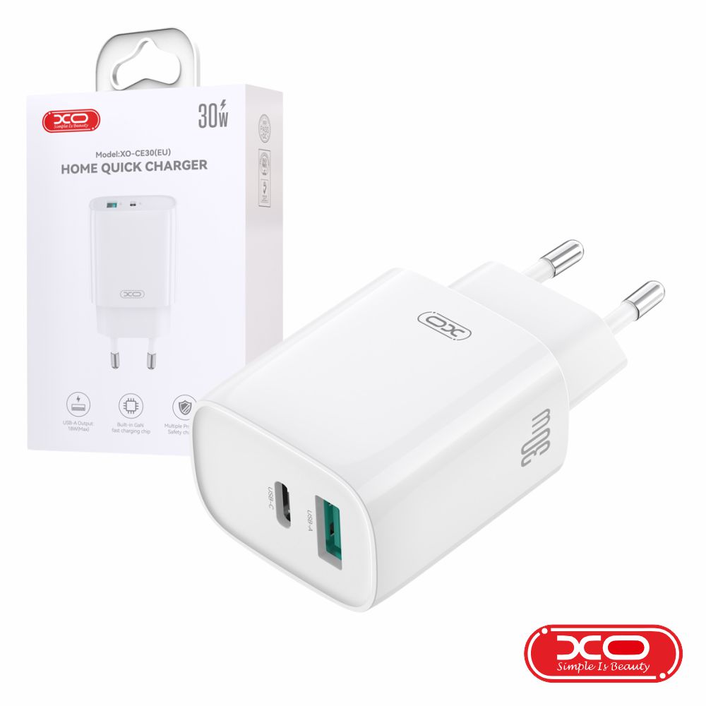 CE30 Alimentador Comutado 1xUSB-C/1xUSB-A PD 30W GaN XO