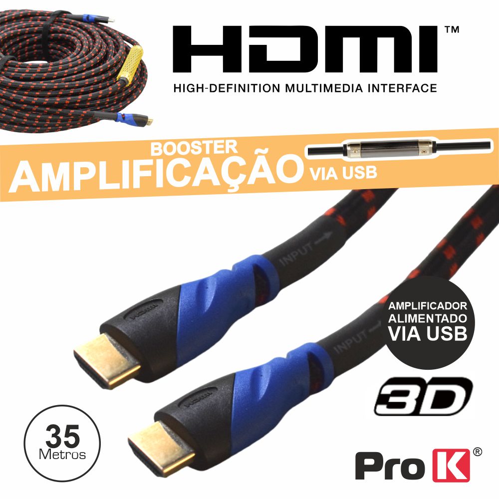 CABO HDMI DOURADO MACHO / MACHO C/ AMPLIFICADOR 35M PROK
