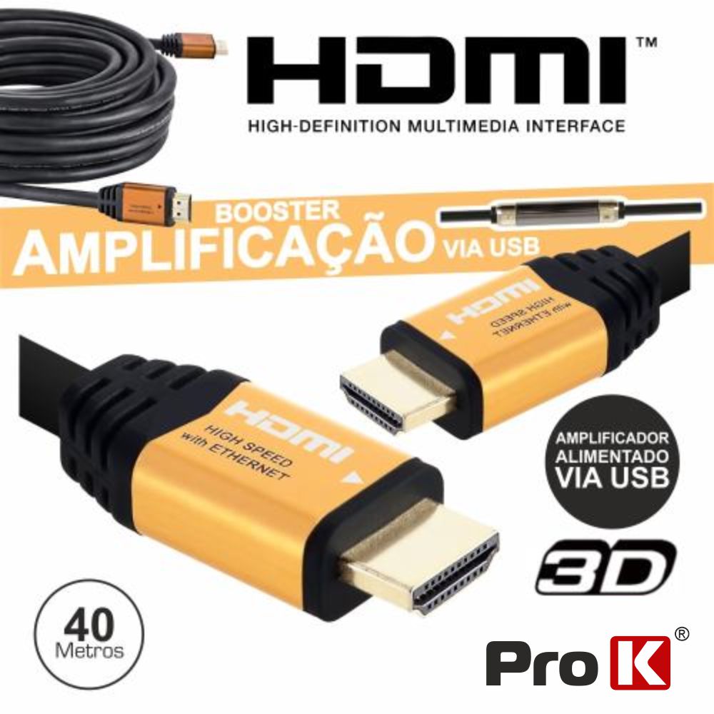 CABO HDMI DOURADO MACHO / MACHO C/ AMPLIFICADOR 40M PROK