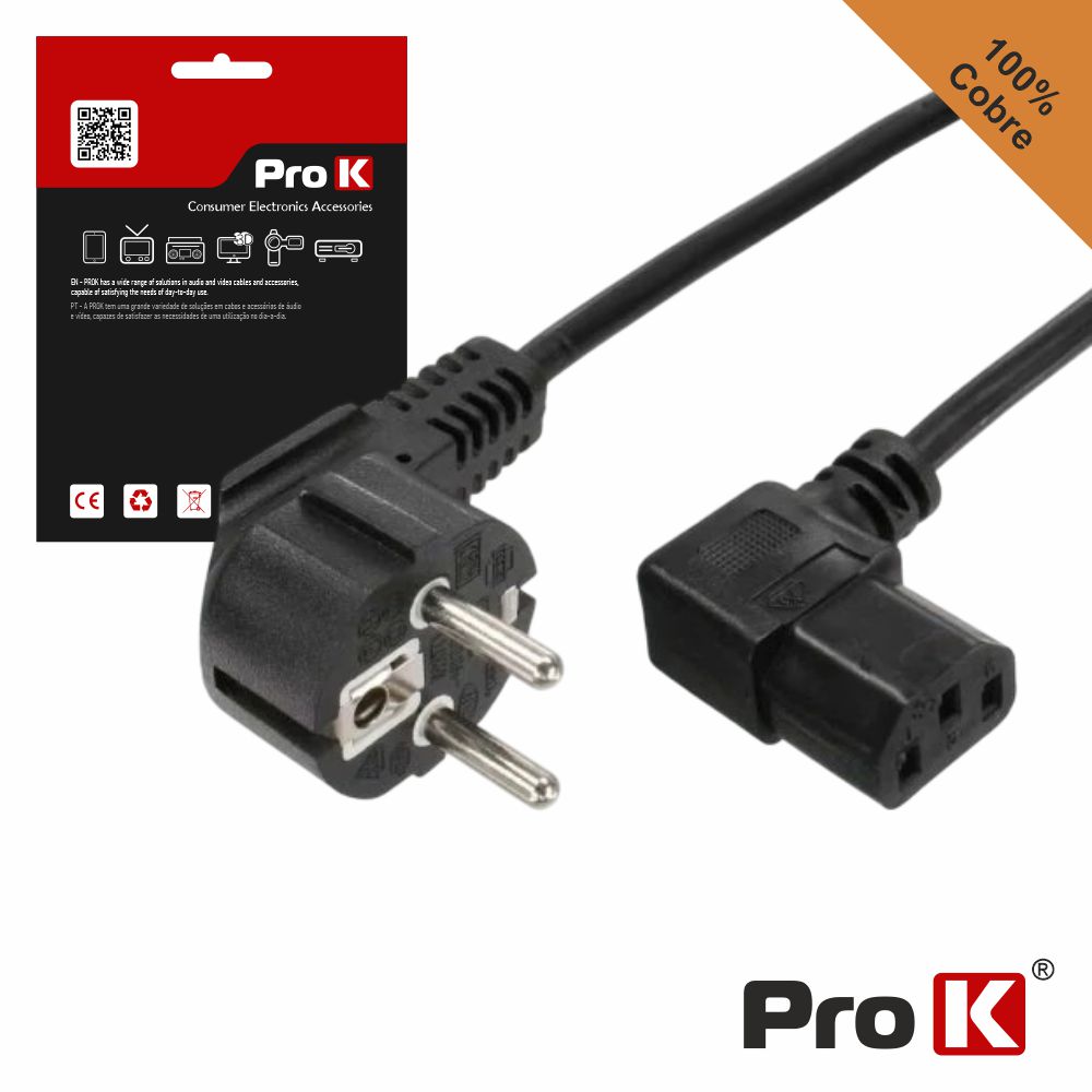 Cabo Alimentação Schuko Macho 3P / IEC C13 Fêmea 90º 1.5m