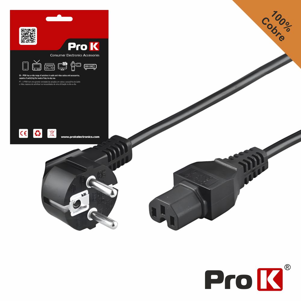 Cabo Alimentação Schuko Macho 3P / IEC C15 Fêmea 3m PROK