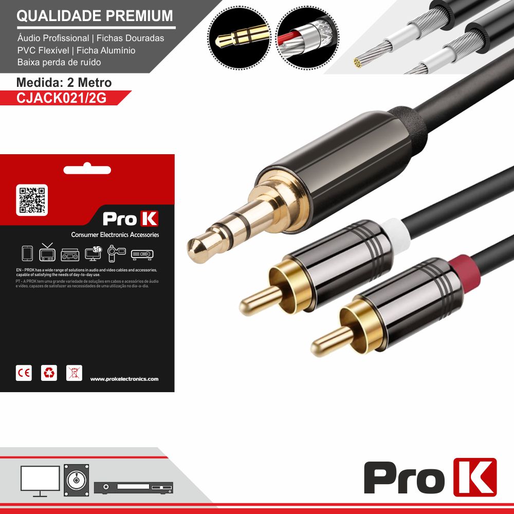 CJACK021/2G CABO JACK 3.5MM MACHO ST / 2-RCA MACHO 2M PROK