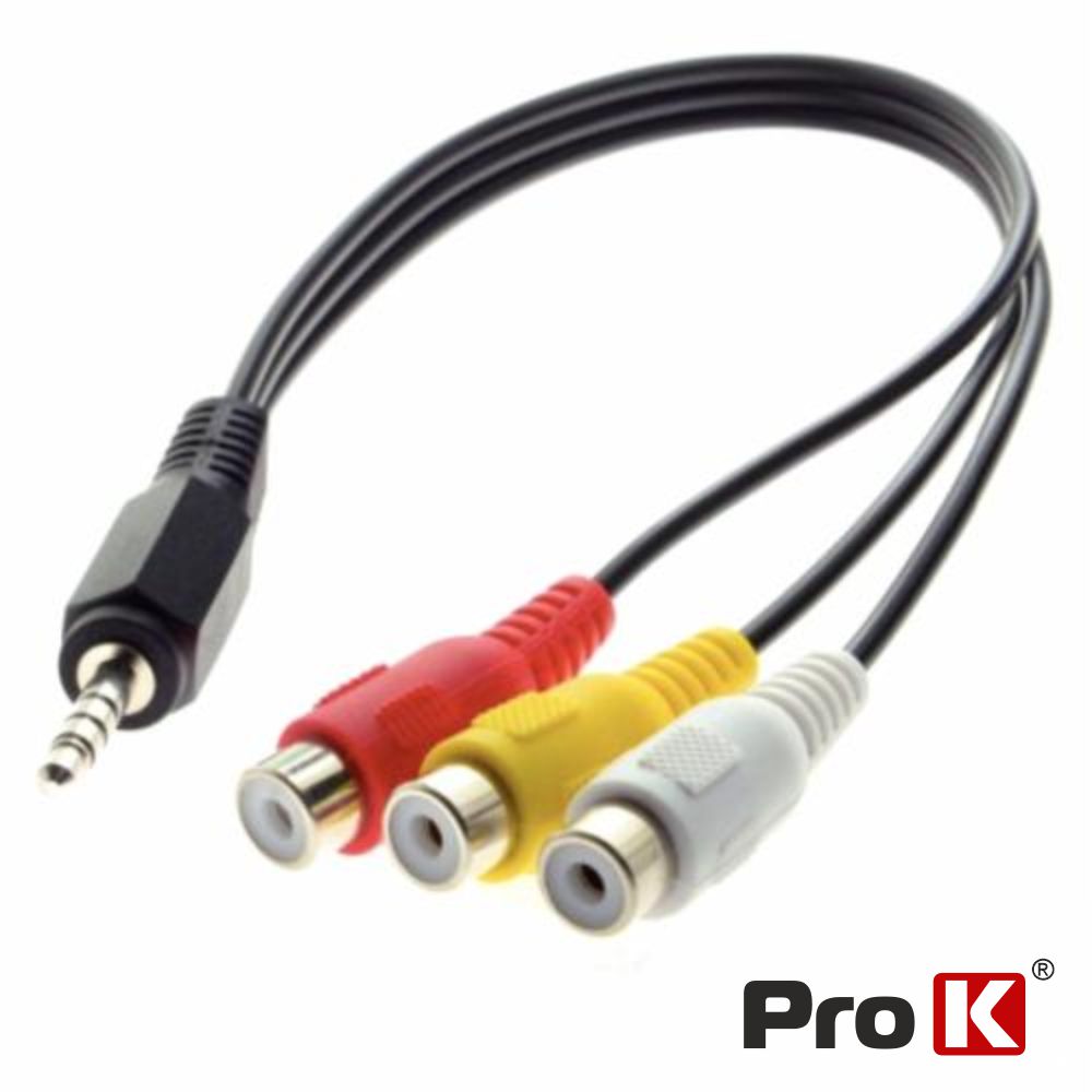 CJACK040PA CABO JACK 3.5MM MACHO ST / 3-RCA FÊMEA 22CM PRETO PROK