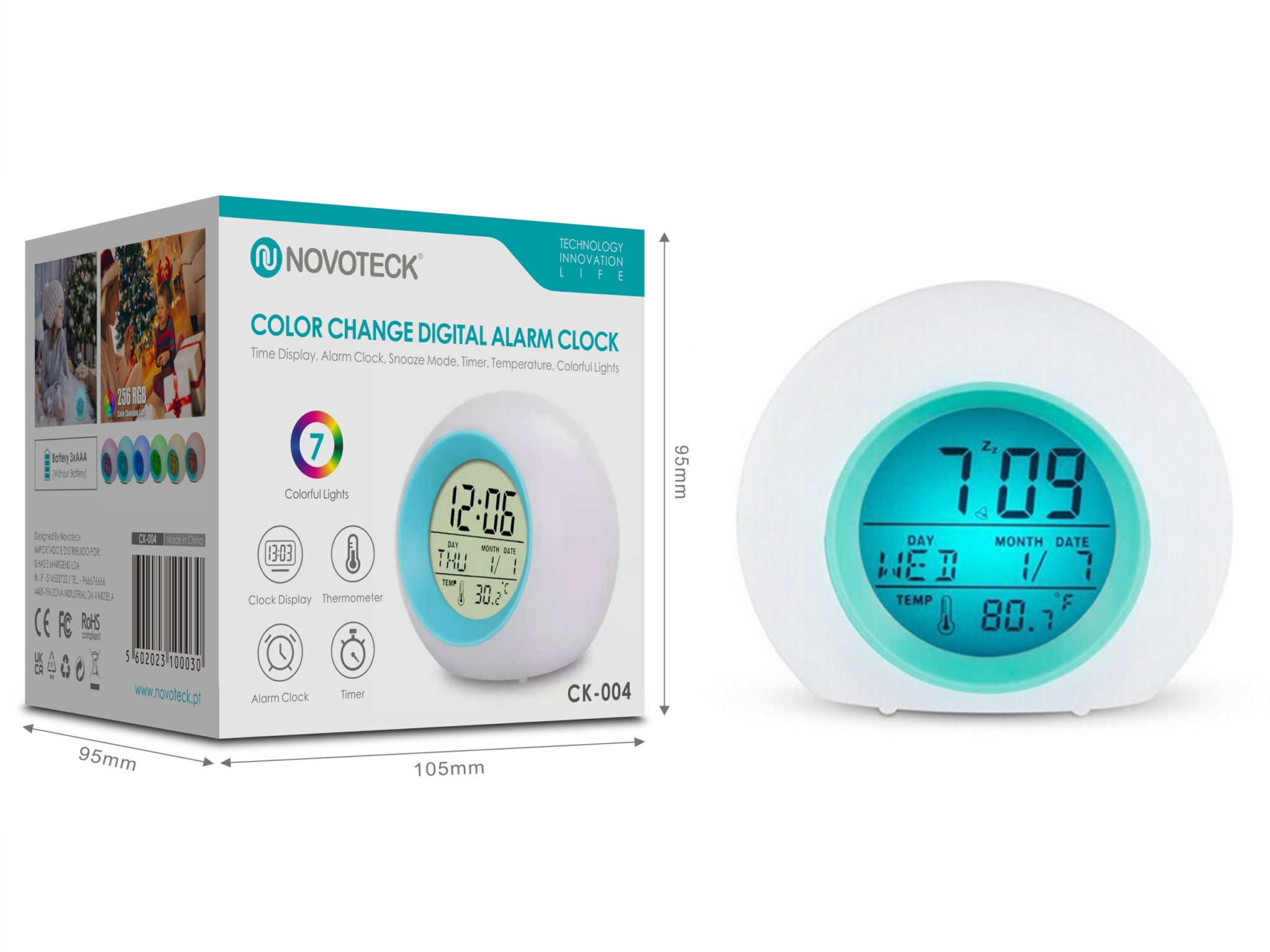 Relógio Despertador Digital com Mudança de Cor NOVOTECK CK-004 - Alarme, Termômetro e Luzes Coloridas
