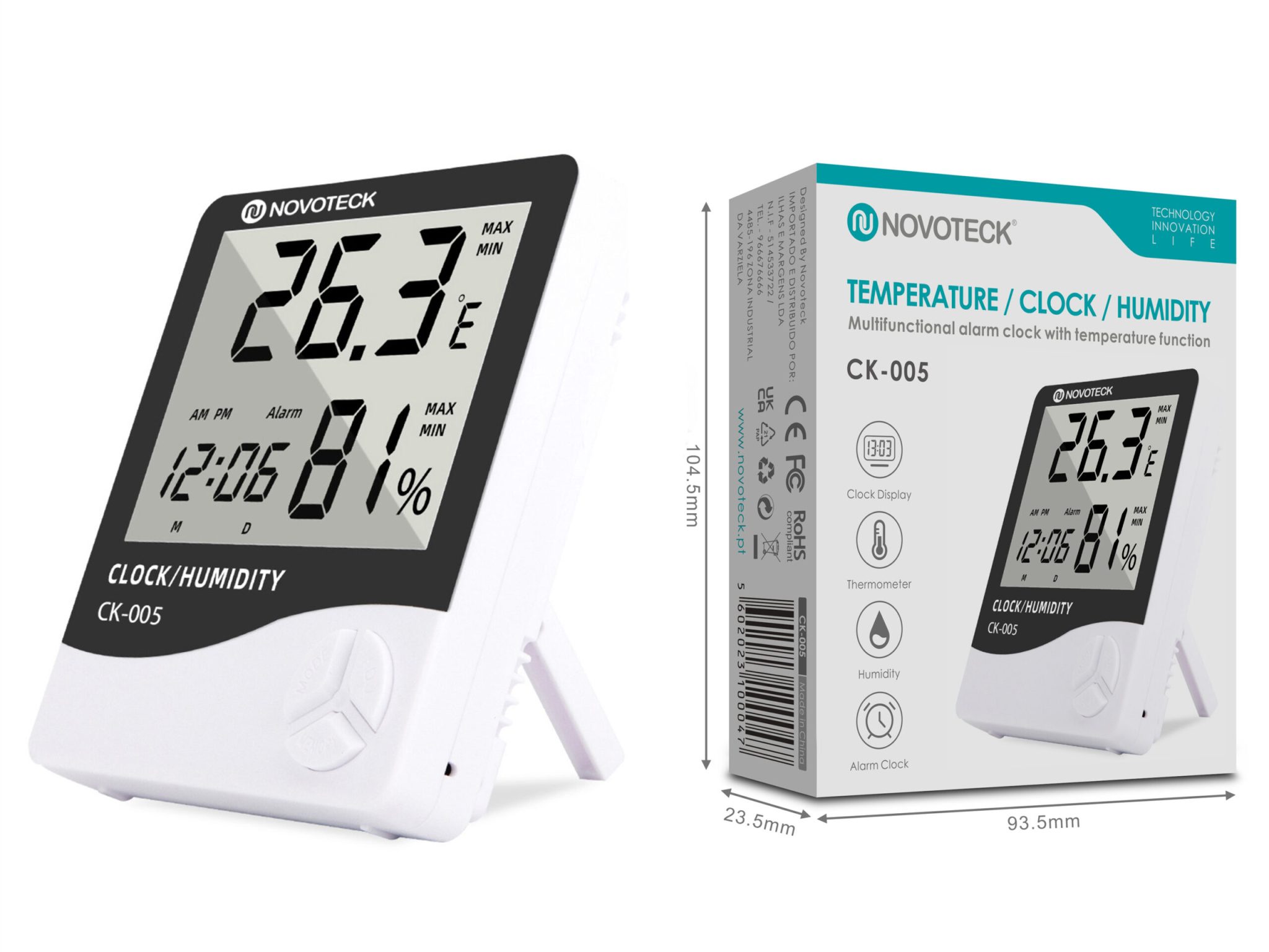 Relógio Digital NOVOTECK CK-005 com Indicador de Temperatura e Umidade - Alarme e Monitoramento Ambiental