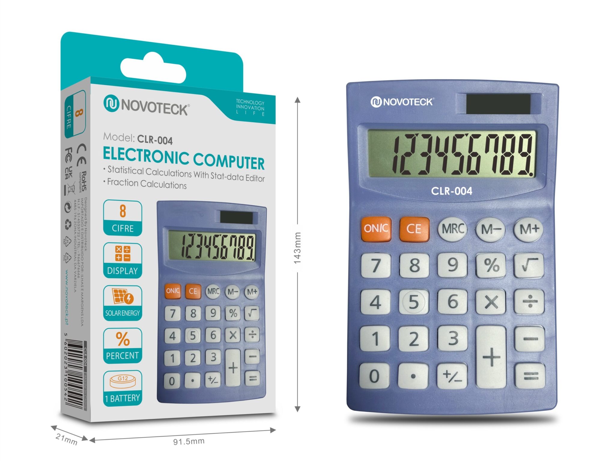 Calculadora Eletrônica Compacta NOVOTECK CLR-004 com Display de 8 Dígitos