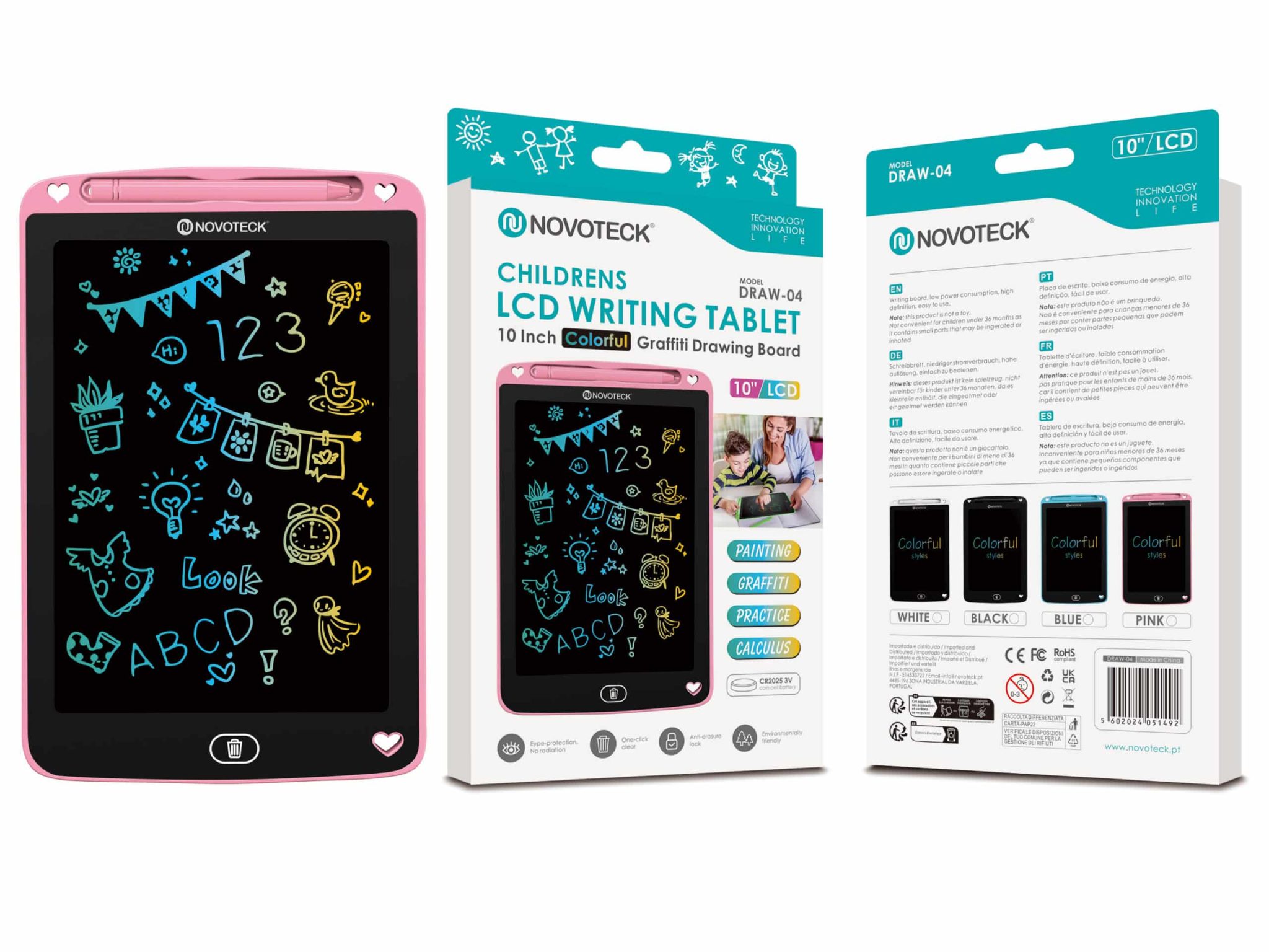 Tablet de Escrita LCD Colorido para Crianças - 10'' Polegadas, DRAW-04 Rosa